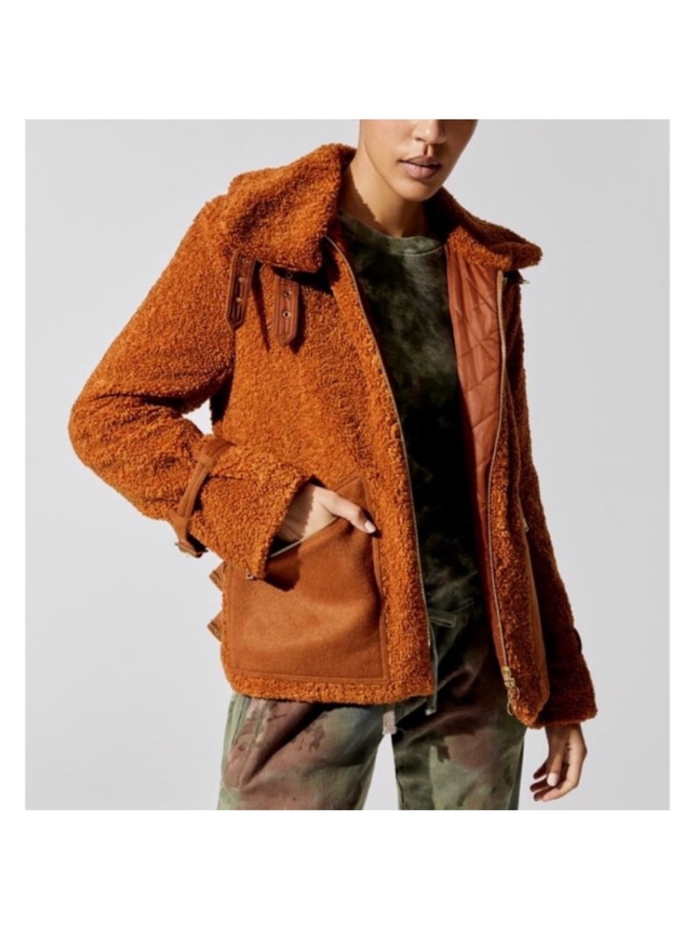 Jonathan Simkhai Standard Amira Aviator Sherpa Jacket Copper Orange Teddy XS